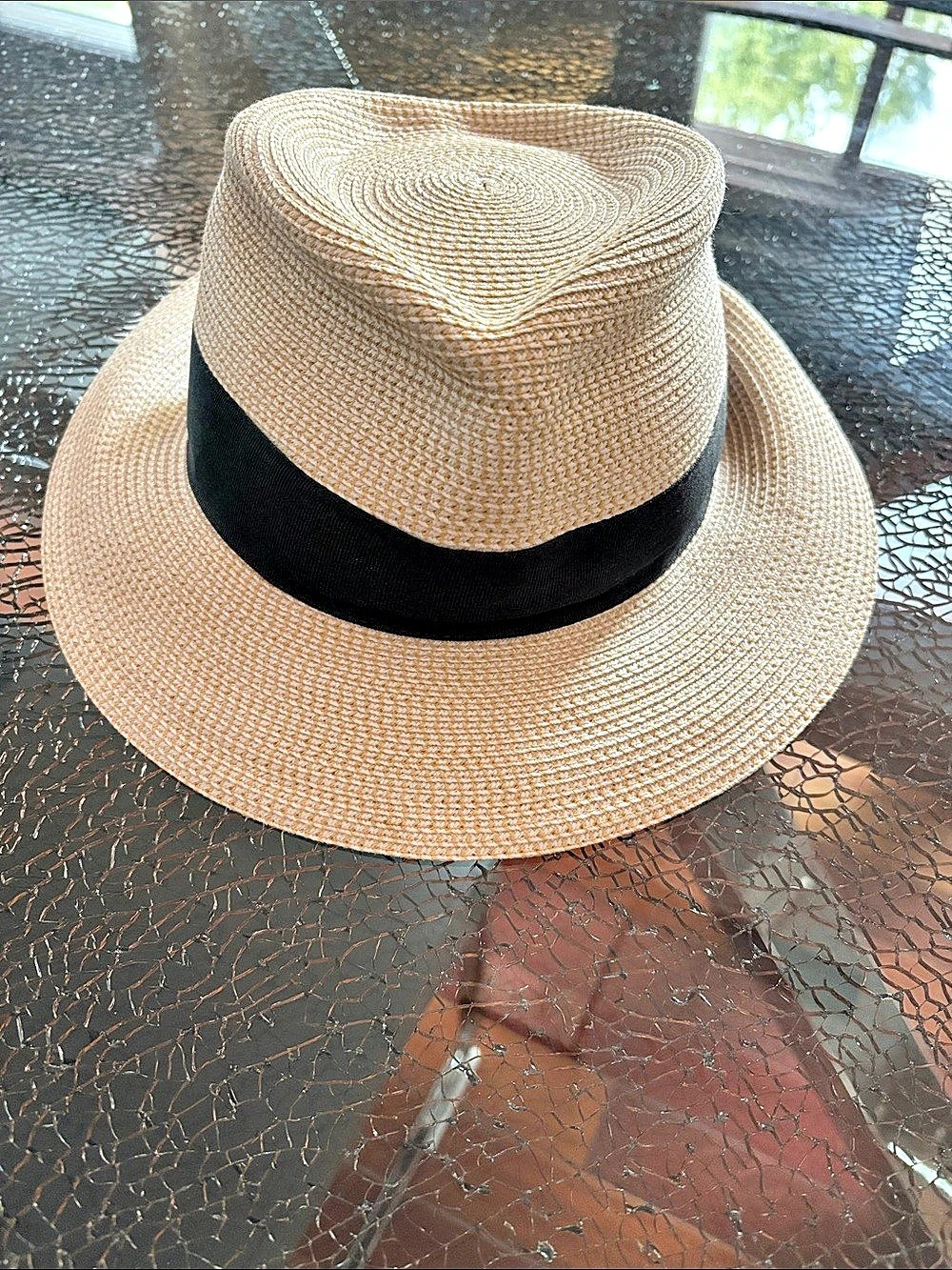 Eric Javits Squishee Classic Fedora Straw-Style UPF 50+ Hat in Beige & Black